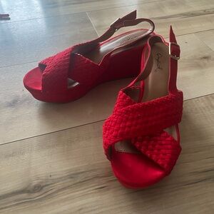 Red Suede/Velvety wedge sandals